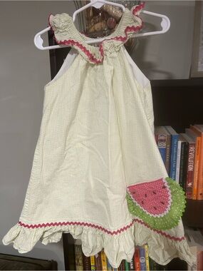 Girls Shrimp and Grits Cream Seersucker Watermelon Appliqué Dress